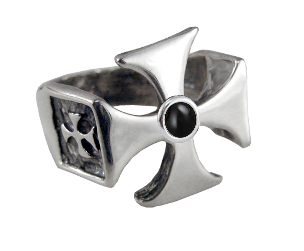 Sterling Silver Unisex Iron Cross Ring With Black Onyx Size 10